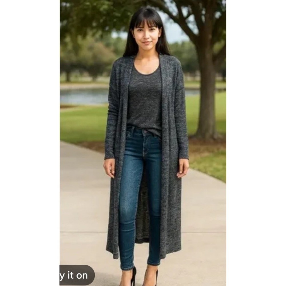See You Monday Anthropologie Womens M Long Cardigan Charcoal Heather Open Sweate